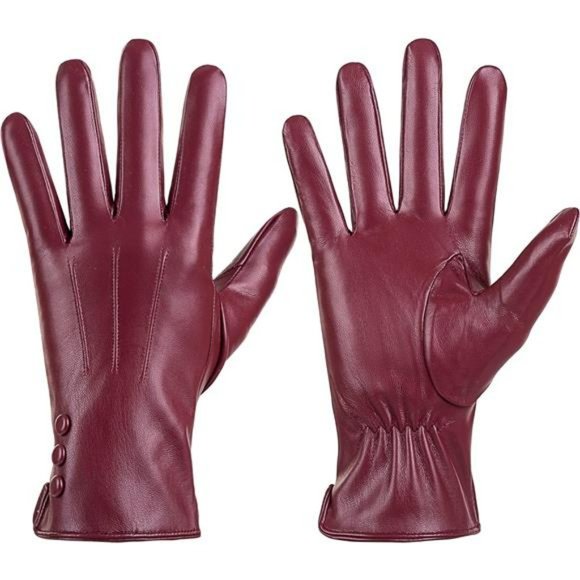 Accessories - Women's Red Leather Gloves with Cashmere Wool Lining Warm Winter Snow Gloves
